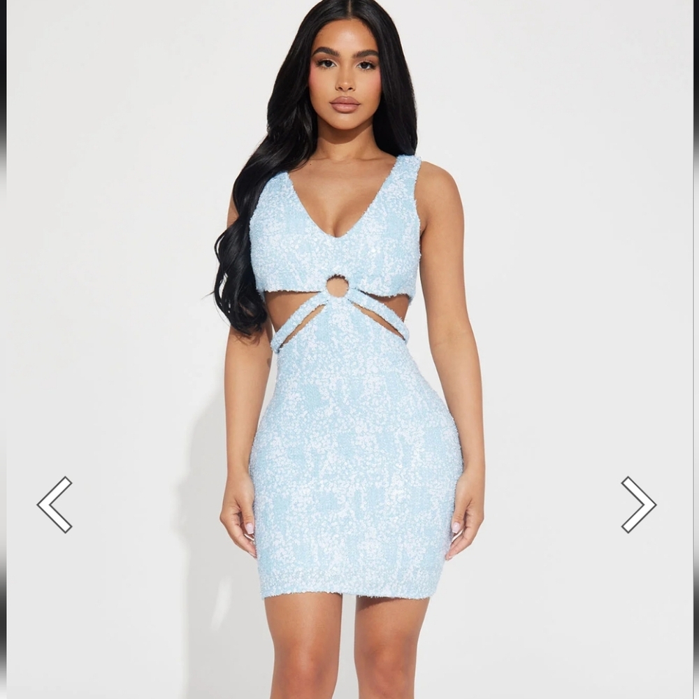 Light blue glitter and glimmer mini dress from Fashion Nova